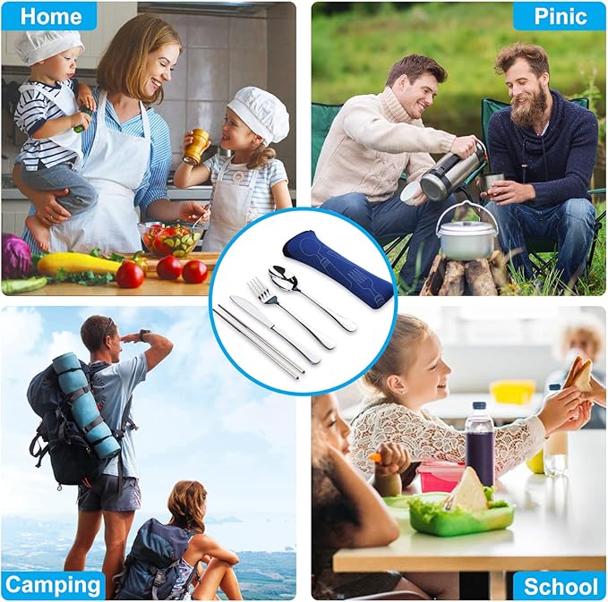 10PCS Portable Silverware Set with Case, Lengnoyp Travel Camping Utensils Set, Premium Stainless Steel Travel Cutlery Set, Reusable Safe Flatware Sets for Lunch Box/Workplace/Students, Silver