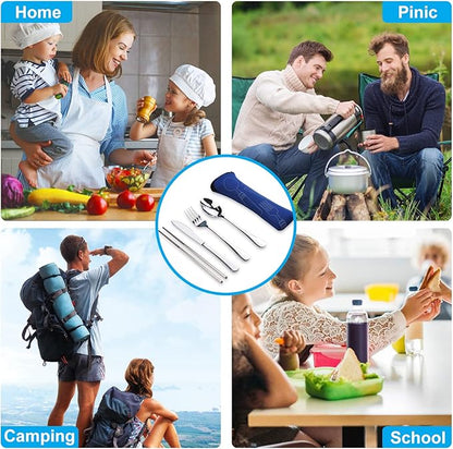 10PCS Portable Silverware Set with Case, Lengnoyp Travel Camping Utensils Set, Premium Stainless Steel Travel Cutlery Set, Reusable Safe Flatware Sets for Lunch Box/Workplace/Students, Silver