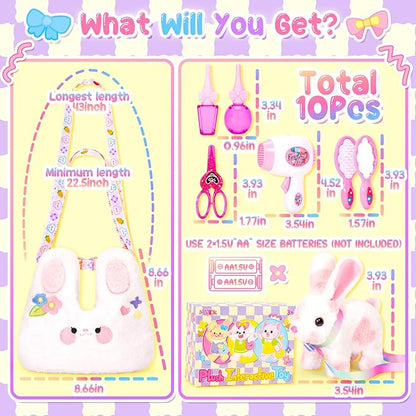 Easter Bunny Toys for Kids with Crossbody Bags, Easter Basket Stuffers Interactive Hopping Wiggle Ears Rabbit Toy, Pretend Play Robot Pet Care Cute Stuff for Girls Trip Plushies Birthday Gifts