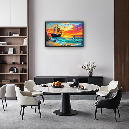 Framed Large Ship Wall Art for Living Room, Oversized Coastal Beach Boat Wall Decor Nautical Seascape Sailboat Canvas Painting Modern Artwork Home Decoration for Living Room Bedroom 36"x24"