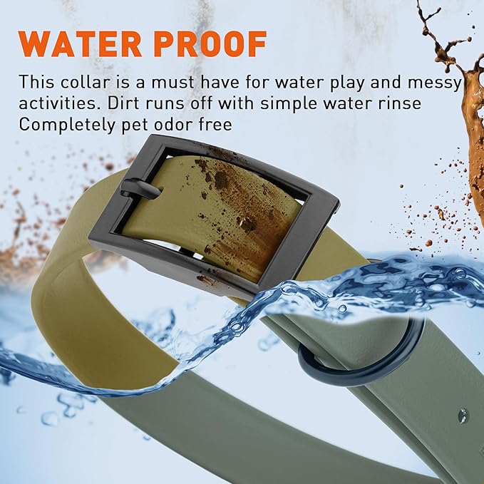 Dogline Biothane Waterproof Dog Collar Strong Coated Nylon Webbing with Black Hardware Odor- Proof for Easy Care Easy to Clean High Performance Fits Small Medium or Large Dogs, Olive Drab Green