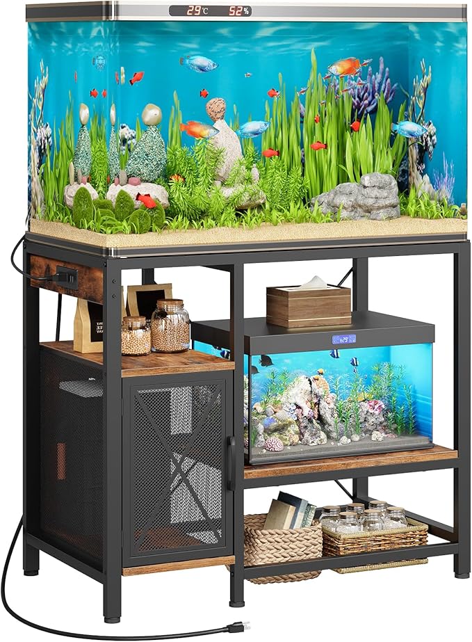 40-50 Gallon Fish Tank Stand, Aquarium Stand with Power Outlet and Storage Cabinet, Heavy Duty Tank Stand Suitable for Turtle Tank, Reptile Terrarium, for Home Office, Rustic Brown FTHR50E01