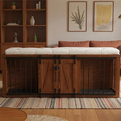 56" L Dog Crate Furniture with Padded Seat, End of Bed Bench Ottoman with Cushion, Wooden Dog Kennel with Pet Stairs & Sliding Barn Door for Bedroom, Living Room, Walnut