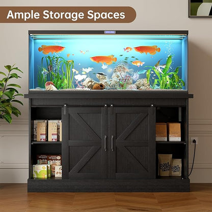 55-75 Gallon Fish Tank Stand with Sliding Barn Doors & Power Outlet, Heavy Duty Aquarium Stand with Cabinet Storage for Fish Tank, Turtle Tank, Reptile Terrarium, 1000LBS Capacity, Black