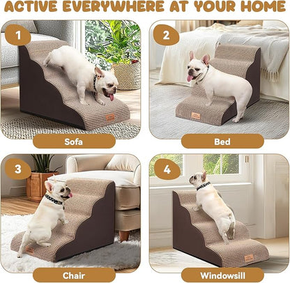 Dog Ramp and Stair for Bed 16" H-20 H,3-Step Cat Stair for Sofa and Chair,4-Step Dog Ramp for High Bed and Window,Durable Nonslip Fabric Cover for Indoor (Coffee-20 H, Pet Friendly, 4)