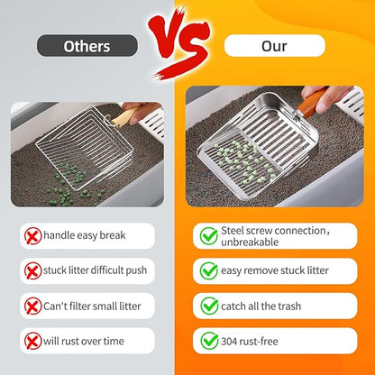 304 Stainless Steel Cat Litter Scoop, One-Piece Pressed Design with No Weld Spots, Durable Anti-Break Handle, Dual Slot Sizes, Easy to Clean, Filters Small Litter Clumps Litter Scoop