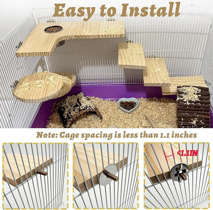 8 Pcs Wooden Hamster Cage Platform Set Wood Juvenile Chinchilla Shelves, Squirrel L-Shape Corner Ledge with Hole Cooling Standing Board Rat Cage Accessories for Gerbil Small Animal Climbing