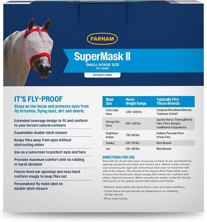 Farnam SuperMask II Fly Mask Without Ears for Smaller Horses or Arabian Horses,Full Face Coverage & Eye Protection from Insect Pests, Structured Classic Mesh with Plush Trim,Small Horse/Arabian Size