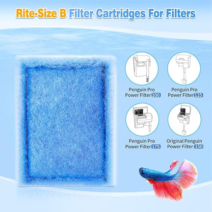 8/16/32 Pack Rite-Size B Filter Cartridges Compatible with MarineLand Penguin PRO Power Filters 100/125/175 & Original Penguin Power Filter 150 - Rite-Size B Replacement Filter Cartridges
