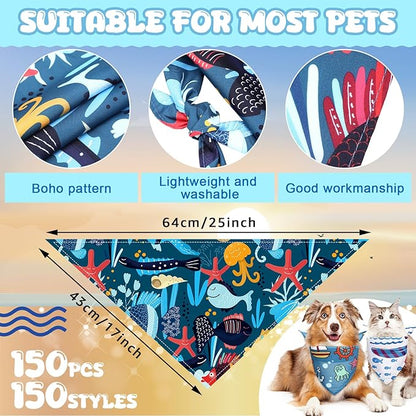 100 Pcs Dog Bandanas Bulk Pet Bibs Colorful Triangle Scarf Pet Bandanas for Medium Large Dogs Spring Summer Birthday Costume Decoration (Ocean Theme)