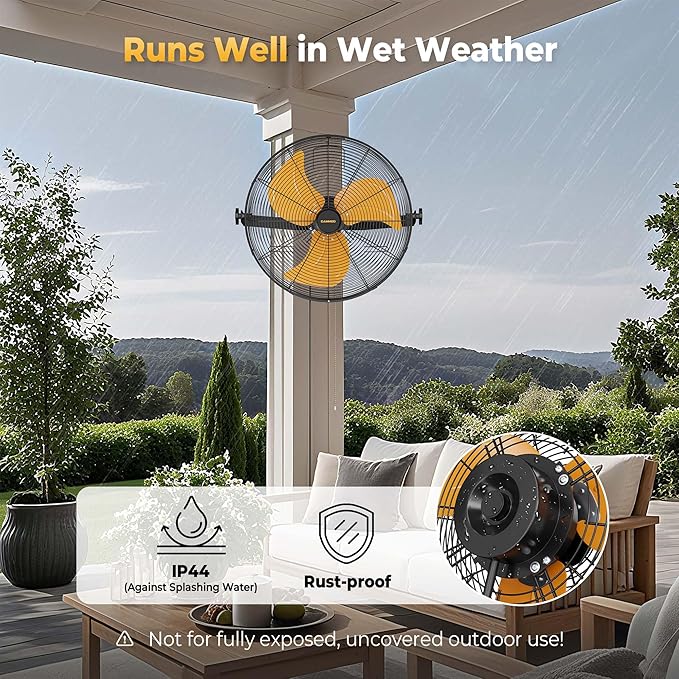 18 Inch Wall Mount Fan, Extended 6.6ft Power Cord, 360° Tilt Adjustment, 3-Speed, IP44 Industrial Commercial Wall Mounted Fan for Greenhouse, Garage, Workshop, Covered Patio, 1 Pack