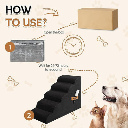 Dog Stairs, Romrol Dog Steps Ramp for High Bed and Couch, Dogs Ramp with Durable Non-Slip Waterproof Fabric Cover, Pet Stairs for Small Dogs and Cats or Pets Joints, 4-TiersBlack