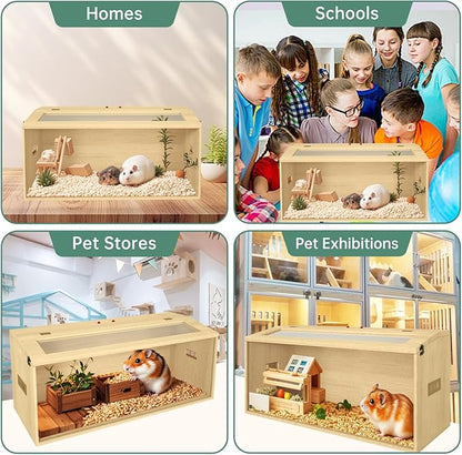 32" Hamster Habitat Enclosure, Top Opening Lockable Roof Door, Gerbil Dwarf Hamster Cage with Hygrometer, Chewproof Syrian Hamster Cage for Mice, Small Animal, (Wooden, 32" L x 16" W x 16" H)