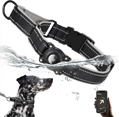 Airtag Dog Collar with Martingale Design, IP68 Waterproof Air Tag Collar Holder, Adjustable Reflective Soft Padded Nylon Dog Collar for Large Medium Small Dogs