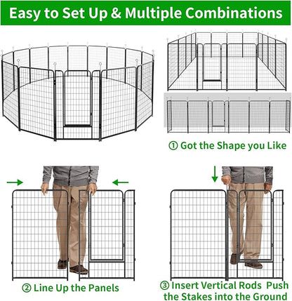 Dog Playpen Outdoor Extra Wide 16 Panels Heavy Duty Dog Fence 50" Height Anti-Rust with Doors Portable for RV Camping Yard, Total 42FT, 140 Sq.ft, Snowy Black