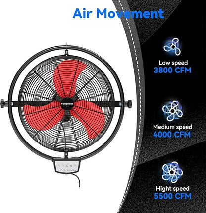 20 IN 5500 CFM Remote Control Wall Mount Fan, 3 Speed High Velocity Wall Fan with Timer, Oscillation & Tilting, Air Circulator for Garage, Commercial, Greenhouse, Warehouse & Gazebo Use, UL Listed