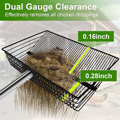12inch Large Chicken Poop Scooper，2 Widths of Slots Litter Sifting Shovel （23 to 66"），Chicken Coop Litter Scoop with Stainless Steel Handle, 4 in 1 Multifunctional Heavy Duty Chicken Coop Accessories
