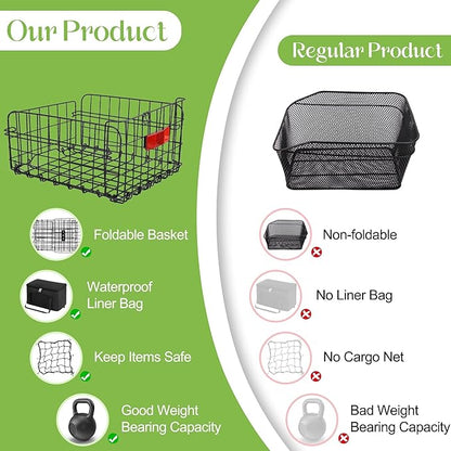 Aodaer Bike Basket with Removable Liner Bag Cargo Net Large Folding Bike Basket Quick Release Metal Ebike Basket Bicycle Storage Basket for Carrying Fruit & Grocery Pets Dogs