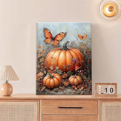 Fall Pumpkin Pictures Wall Art, Rustic Thanksgiving Bathroom Wall Decor, Farmhouse Autumn Butterfly Framed Painting Canvas Artwork for Harvest Gift Bedroom Living Room Decorations 16"L x 12"W