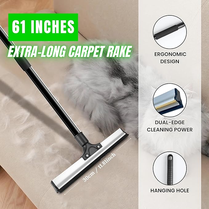2025 Dual-Edge Carpet Rake for Pet Hair Removal & Fluffing Matted Carpet – 61" Adjustable Handle, Deep Clean Dog & Cat Hair Remover, Reusable Scraper for Rugs, Low Pile Carpet, Couch & Stairs