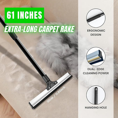 2025 Dual-Edge Carpet Rake for Pet Hair Removal & Fluffing Matted Carpet – 61" Adjustable Handle, Deep Clean Dog & Cat Hair Remover, Reusable Scraper for Rugs, Low Pile Carpet, Couch & Stairs