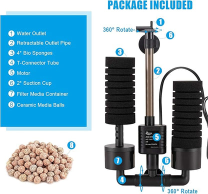 AQQA Aquarium Sponge Filter, Power Driven Double Biochemical Water Filter, Quiet Submersible Foam Filter with 2 Extra Sponges, 1 Bag of Filtered Ceramic Balls for Fresh and Salt Water Fish Tank (S)