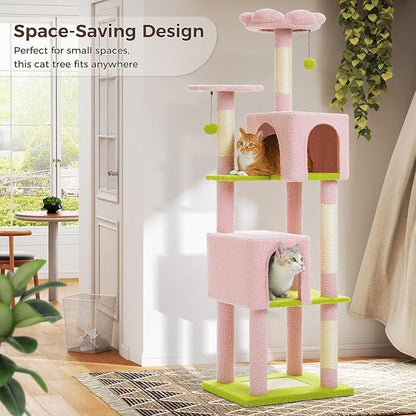 Flower Cat Tree, 62-Inch Large Cat Tower for Multi-Cat Households w/Scratching Posts, Multi-Level Cat Condo w/Cozy Top Perch & Scratching Pad, Padded Platform, 2 Pompoms, Pink