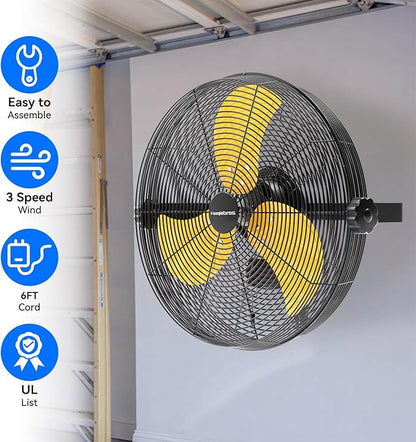 4580 CFM 18 inch High Velocity Wall Mounted Fan, 3-Speed Metal Fan with Sealed Motor, 360 Degree Tliting Heavy Duty Wall Fan for Patio, Barn, Garage, and Gazebo - UL listed