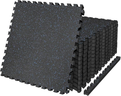 AIRHOP 0.79in Thick 48 Sq Ft Exercise Equipment Mats, 12 Tiles Upgraded Rubber Top with High Density EVA Foam, Large Interlocking Puzzle Gym Flooring for Home Gym, Heavy Weight Workout,Black & Blue