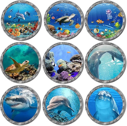 9PCS Ocean Animals World Under Sea Decor Sea Turtles Dolphins Fishes Sharks Coral Removable 3D Peel and Stick Vinyl Stickers