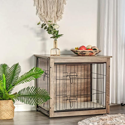 DWANTON Dog Crate Furniture with Cushion, Wooden Kennel Table with Double Doors, Indoor Dog House, Small/Medium/Large/Extra Large Size, 27.2" L, Greige