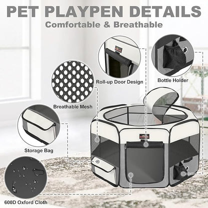 Aivituvin Dog Playpen Foldable Pet Play Pens with Carrying Bag for Cat, Puppies, Rabbits, Chickens, Durable Portable Pet Tent for Travel Camping Indoor/Outdoor Grey S