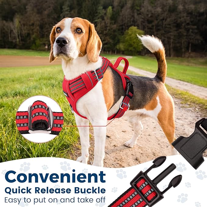 Funfox Dog Harness No Pull, Adjustable Pet Vest Harness, Super Soft Material with Vertical Handle Easy Control, Reflective Night Walking, 2 Leash Clips for Small Sized Dogs, Red, S