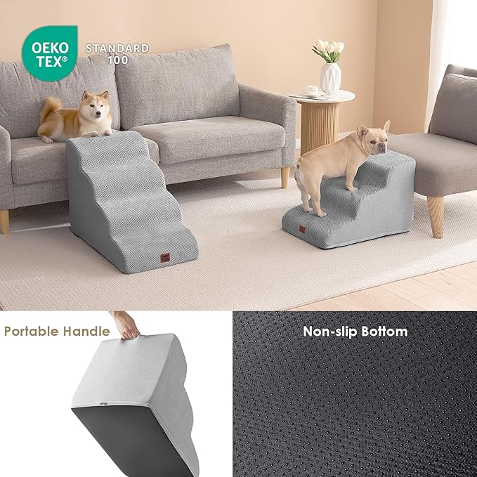 EHEYCIGA Curved Dog Stairs Ramp for Small Dogs 15.7" H, 3-Step Dog Steps for Couch Sofa and Chair, Pet Stairs for Cats, Non-Slip Balanced Pet Steps Indoor, Light Grey