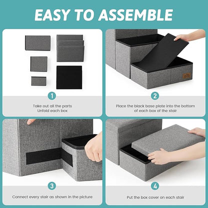 Dog Stairs with Storage, 3-Step Wider Sturdy Dog Steps for Small/Medium/Large Dogs and Older Cats, Folding Doggie Ramp for Bed/Couch/Car Hold Up to 180 lbs (16.7" H, Grey)