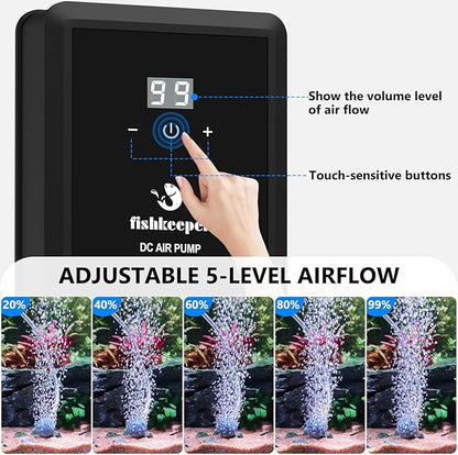 fishkeeper Aquarium Air Pump, 12W 320GPH Ultra Quiet Fish Powerful Fish Tank Air Pump with Four Outlet Adjustable Oxygen Aerator Pump with Air Stone Bubbler for 30-600 Gallon Tanks