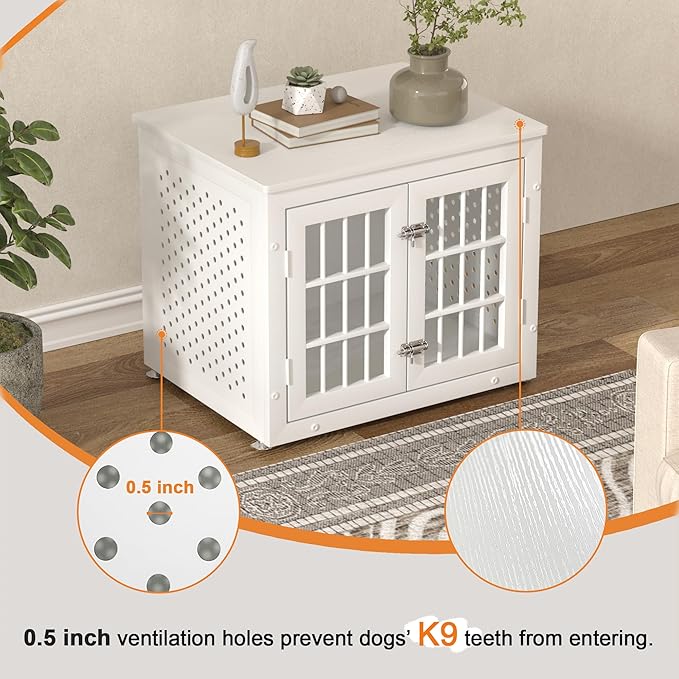 26" Heavy Duty Dog Crate Furniture for Small Dogs, Metal Kennel for High Anxiety Dogs, Chew Proof Pet Cage Indoor, Decorative Dog Kennel End Table, White