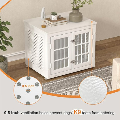 26" Heavy Duty Dog Crate Furniture for Small Dogs, Metal Kennel for High Anxiety Dogs, Chew Proof Pet Cage Indoor, Decorative Dog Kennel End Table, White