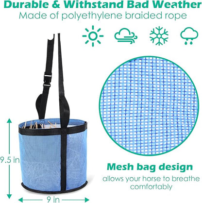 2 Pcs Horses Feed Horse Bag for Grain Hay Bags Heavy Duty Mesh Horse Feeder with Adjustable Strap Comfort Neck Pad Nose Pad and Waterproof Bottom Muzzle(Blue)