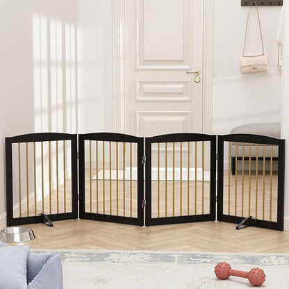 Freestanding Pet Gate for Dogs, Foldable Wooden Dog Gate for House, Indoor Dog Gate for Stairs, Doorways, Step Over Pet Puppy Safety Fence, 80 Inch Wide, 4 Panels 24", Black & Gold