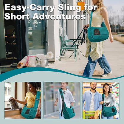 Dog Sling Carrier for Small Pets, Hands-Free Cat Carrier Pouch up to 8.8 lb, Cat Sling with Safety Strap and Pockets, Ideal for Travel and Daily Use, Peacock Blue