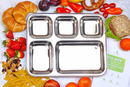 Extra Large Premium Stainless Steel Dinner Plates, 5 Compartments, Set of 2 | Eco Friendly Dinnerwear for Camping, Portion Control, Meal Prep, Lunch, and Party