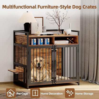 Furniture Style Dog Crate with Storage, 48 Inch Dog Crate Furniture with Double Doors, 2 Stainless Steel Bowls, Dog Crate Furniture-Style Crate for Large/Medium Dog