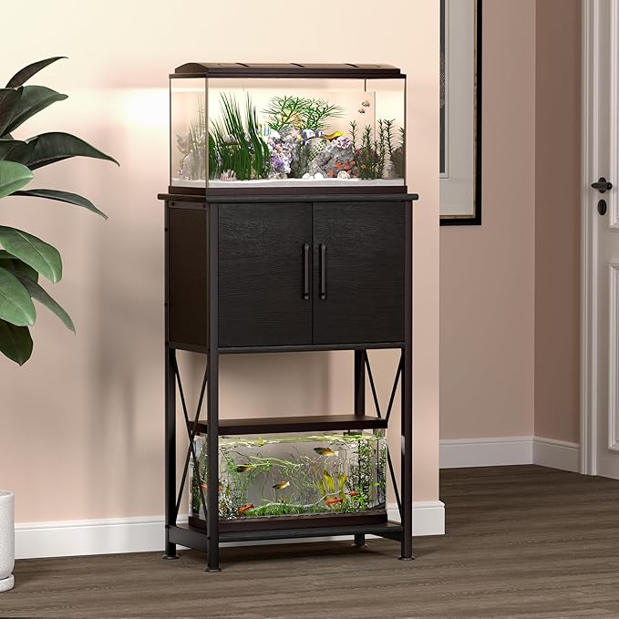 5-10 Gallon Fish Tank Stand, Metal Double Aquarium Stand with Cabinet for Fish Tank Accessories Storage, Heavy Duty 20.5" L* 11.02" W Tabletop, 500LBS Capacity Black PG06YGB