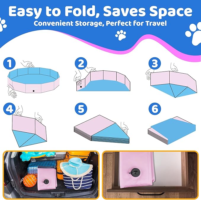 2025 Updated Foldable Dog Pool, 79" x 12" Kiddie Pool with Hard Plastic, Non-Slip Dog Bath Tub for Outdoor Backyard, Collapsible Dog Swimming Pool for Kids Dogs Pets (Pink)