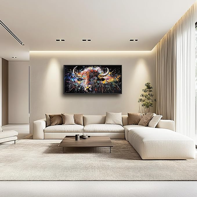 Framed Large Bison Buffalo Wall Art for Living Room, Oversized Graffiti Yak Cow Wall Decor Banksy Bull Canvas Painting Animal Pictures Modern Artwork for Living Room Bedroom Office 60"x30"