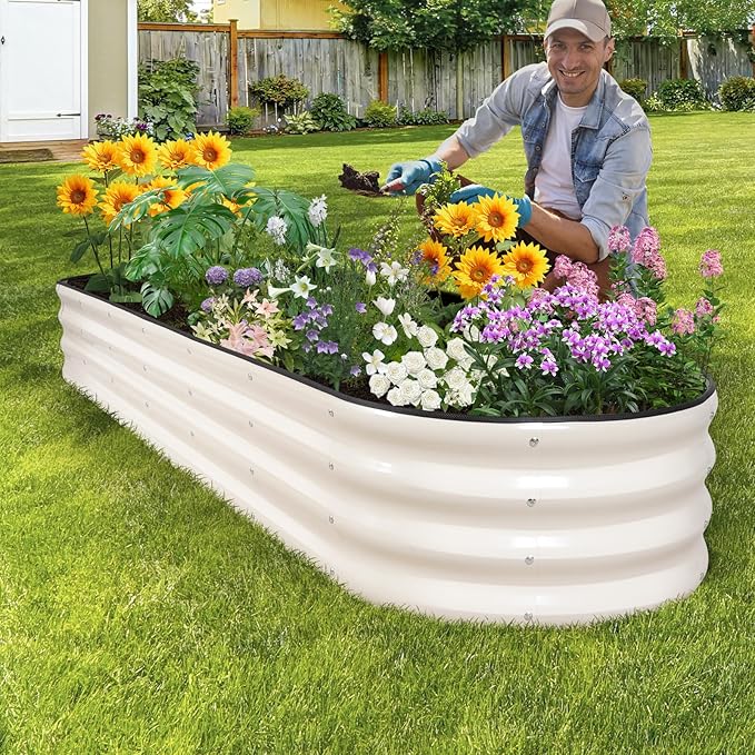 Galvanized Raised Garden Bed - 8×2×1ft Planter Raised Beds for Gardening | Oval Metal Garden Planter Box with Safety Edging and Bracing Rods for Vegetables Fruits and Flowers (White)