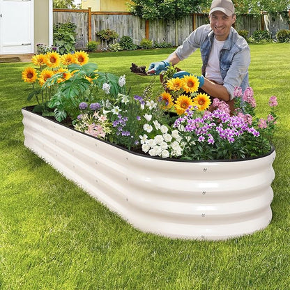 Galvanized Raised Garden Bed - 8×2×1ft Planter Raised Beds for Gardening | Oval Metal Garden Planter Box with Safety Edging and Bracing Rods for Vegetables Fruits and Flowers (White)