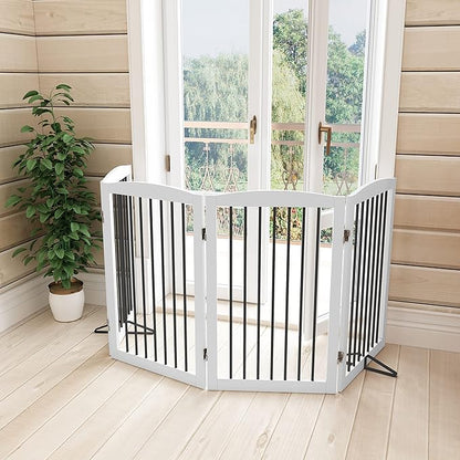 Freestanding Pet Gate - Foldable Wooden Dog Gate, 80 Inch Wide, 4 Panels, White