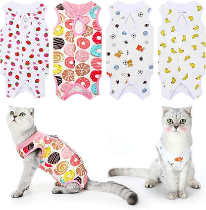 4 Pieces Cat Recovery Suits Body Wraps Breathable Kittens Recovery Clothes for Cats Small Dogs Abdominal Weaning(Banana, Football, Strawberry, Donut,L)